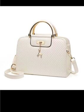 Elegant Cream Quilted Satchel with Gold Accents and Detachable Strap